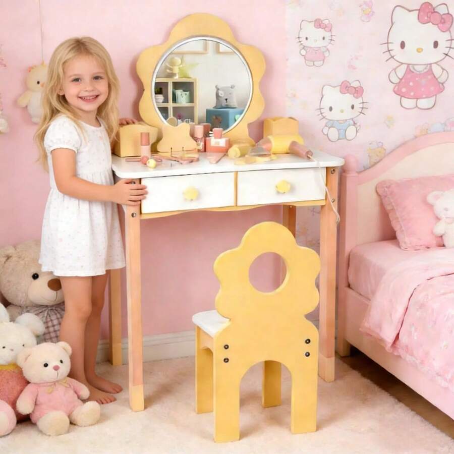 Juego de Madera Tocador para Niñas con Espejo, Mesa de Maquillaje y Juego de Imitación para Princesitas, Madera Resistente De Maquillaje Vanity Set Amarillo, Cajones para Guardar Juguetes y Accesorios - Amarillo - Ver 1