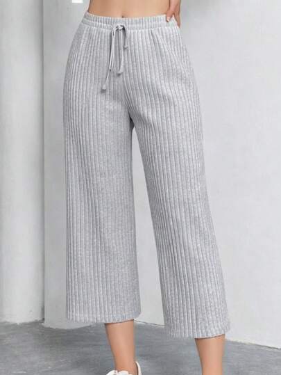 OYGA Women's Solid Multipack Fake Drawstring Detailed Corduroy Rib-Knit High Stretch Straight Leg Capri Sleep Bottom
