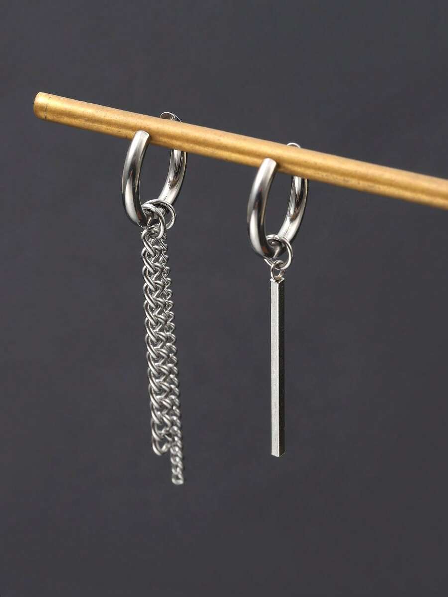 1对不锈钢流苏不对称耳环，时尚独特设计，男士款 - 不對稱耳環 - 查看 1