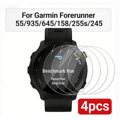 适用于 Forerunner 55/935/645/158/255s/245 的 4 片装钢化玻璃屏幕保护膜，高清透明 [防刮] 2.5D 9H 硬度超薄保护膜