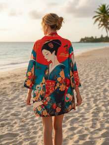 Japanese Style Retro Loose Versatile Fashion Printed Kimono Cover Up, Summer Beach Vacation Bikini Swimsuit Cover Up, Thin Lightweight Kimono Jacket For Sun Protection - Red - View 7