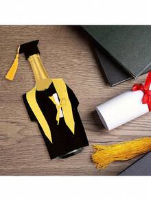 1Set Graduation Wine Bottle Covers & Toppers - Felt Academic Gown Decorations With Tassels, Black & Yellow Graduation Party Decor For University Celebrations, Gift Packaging Sets, Graduation Party Decorations - View 2
