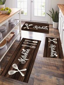 1 pieza Alfombra de cocina con estampado de cubiertos y letras, material de fibra de poliéster de estilo moderno, rectangular antideslizante y duradera, adecuada para la entrada, la cocina, la sala de estar y la decoración del dormitorio - Gris Oscuro - Ver 13