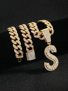 嘻哈风镶钻链，配定制草书字母吊坠，镀金项链，个性化首字母首饰 - 嘻哈字母項鍊 - 查看 9