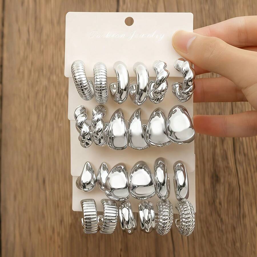 18-6pcs Elegant CCB Water Drop, Asymmetrical Ring Earrings, Twisted, Geometric Design Resin Earrings Set, Fashionable Daily Versatile Jewelry