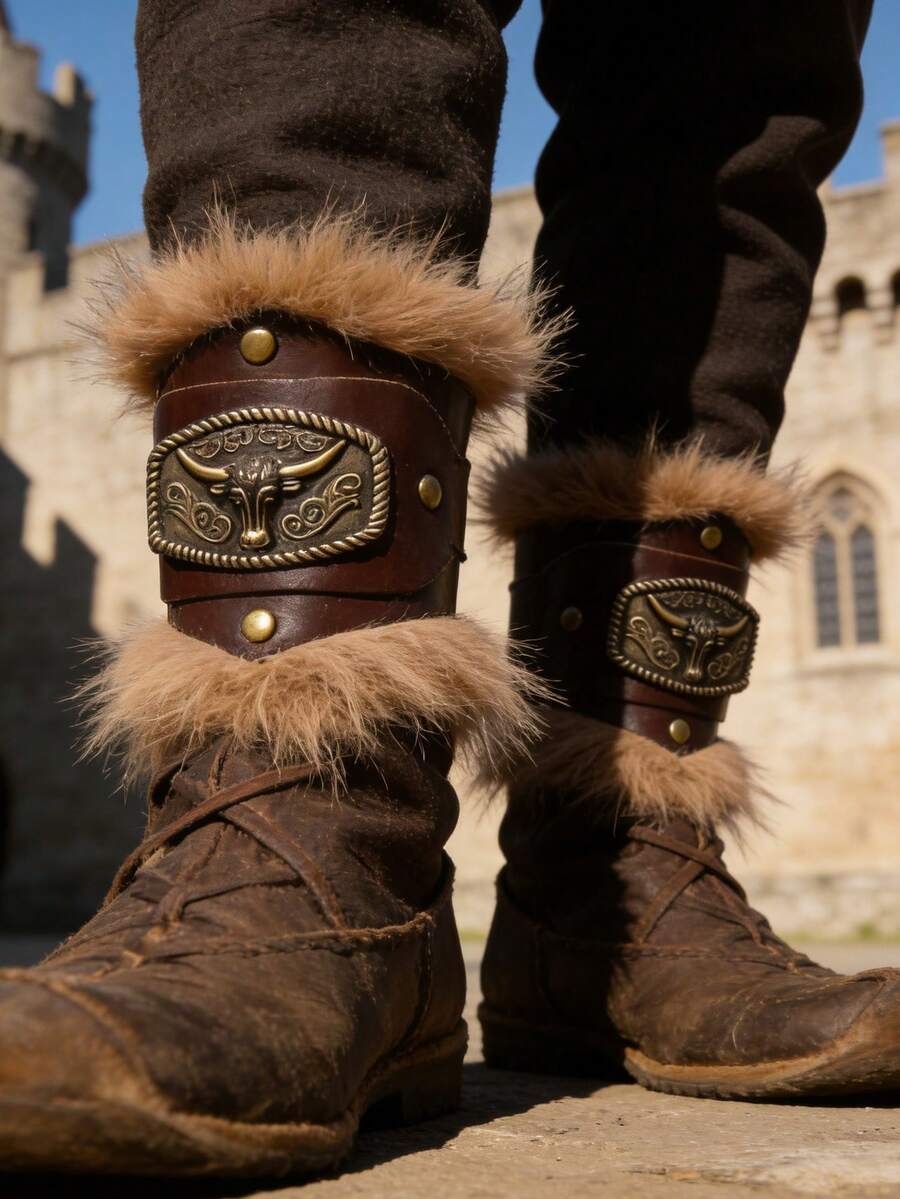 1 Set Adjustable Medieval Viking Boot Covers/Laces With Fur Trim - Perfect For LARP, Cosplay, Renaissance Fairs, Halloween, Carnival Costumes - A - View 1
