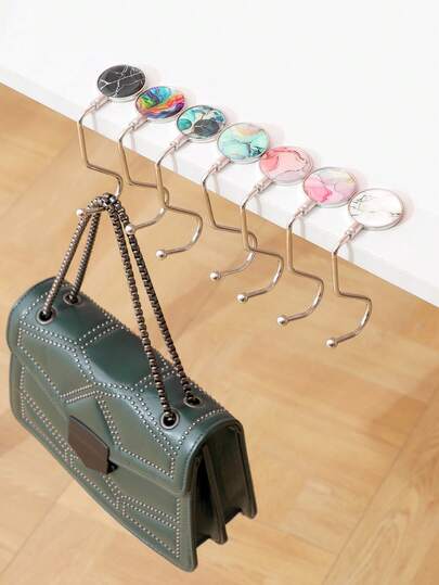 Premium Marble Pattern Portable Desk Bag Rack And Foldable Handbag Hanger For Home Office And Bedside, Lightweight Space-Saving Hanging Hook For Purses, Handbags, Tote Bags, And Accessories, Easy-Close Desk Organizer, Sleek Modern Decor, Durable Metal Frame With Non-Slip Base, Perfect For Desk, Dresser, And Travel Use