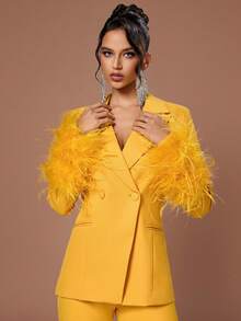 Conjunto de traje de mujer elegante de doble botonadura amarillo con puños y cuello con plumas, manga regular, tela sin estiramiento para ocasiones elegantes - Amarillo - Ver 5