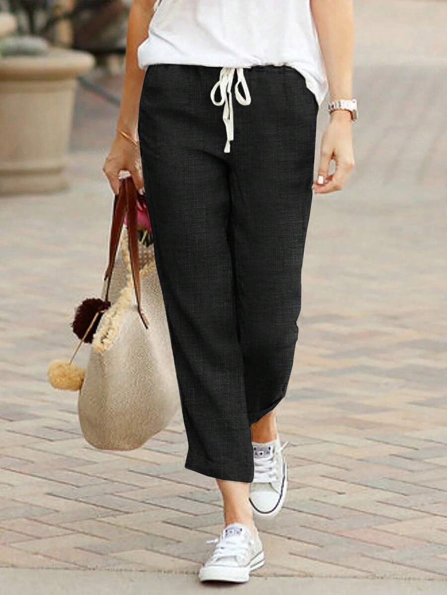 Women's Drawstring Pocket Casual Loose 7/8 Pants - Black - View 1