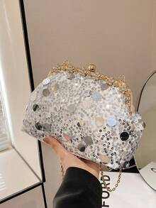 Women's Glitter Sequins Starry Sky Shell Bag With Clip Closure Crossbody Handbag - White - View 2