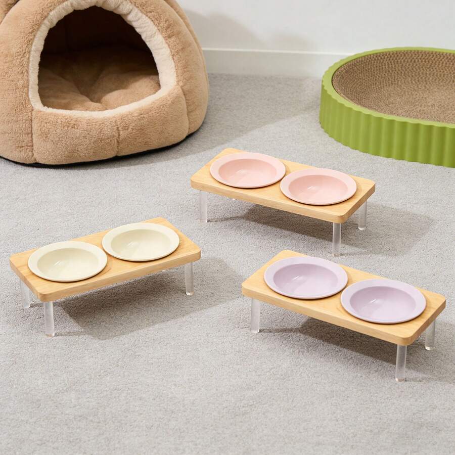 Bộ 2 bát ăn cho thú cưng bằng gốm hình nón rơm, chân đế bằng acrylic và gỗ chắc chắn, bát đôi dành cho mèo và chó. - 180ml - Xem 1