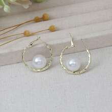 一对优雅仿珍珠镶嵌C形耳环，时尚奢华女士耳环 - 彩色 - 查看 2