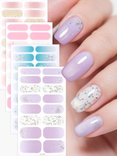 64pcs Glitter Nail Stickers, Minimalist Solid Color Star Self-Adhesive Full Nail Wraps, Easy To Use, Suitable For Women DIY Manicure, Girl Gift