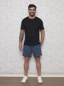 Men's Bermuda Shorts In Twill Denim Fabric With Elastic Waistband - 藏蓝色 - 查看 5