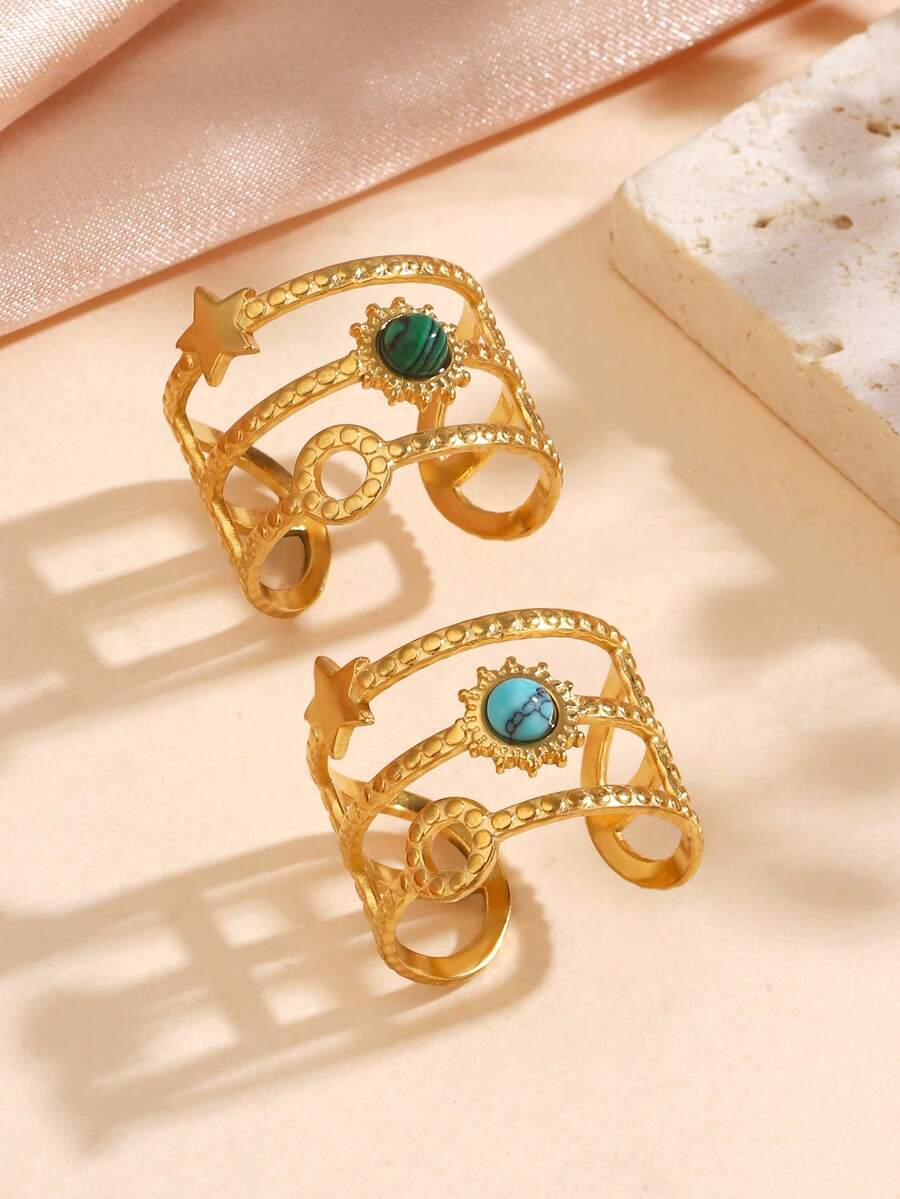 2pcs/Set Stainless Steel 18K Gold Plated Turquoise & Peacock Stone Inlaid Star & Sun Ring Set, Suitable For Women's Daily Wear - Multicolor - View 1
