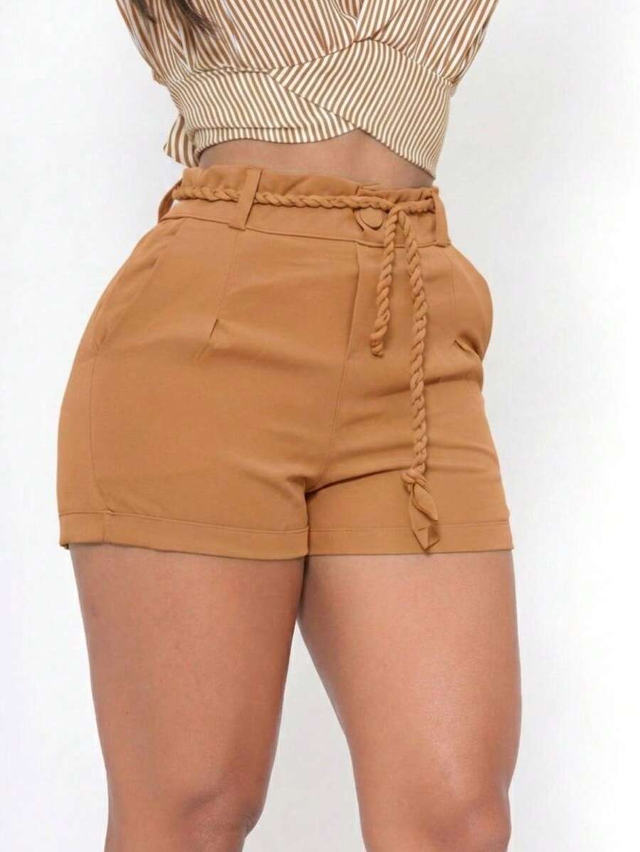 Women's Tailored Shorts Made Of Lightweight, Reinforced Fabric With A Folded Hem And Body-Shaping Belt. - 駝色 - 查看 1