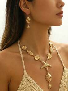 Set de 2 piezas Nuevo y creativo con temática de playa y océano para fiesta de vacaciones, minimalista con estrella de mar, concha, caracol, etc. Conjunto de ropa de verano - Amarillo Oro - Ver 5