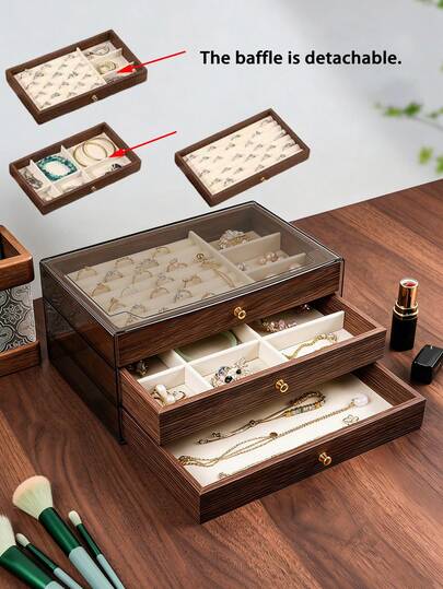 1pc 3-Tier Transparent Velvet Jewelry Storage Box, Luxury Gift Box, Elegant Jewelry Case For Organizing Rings, Necklaces, Bracelets, Earrings And Pendants, With Crystal-Shaped Knob Display Rack, Spacious 3-Layer Jewelry Organizer - High-Quality Desktop Storage Box, Aesthetically And Compartmentalized For Safety, Suitable As Women's Day Gift, Christmas Gift, Halloween Gift And Ladies' Gift, Also Suitable For Holiday Beach, Bathroom, Bedroom And More, Large Capacity