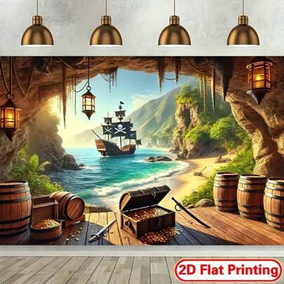1 قطعة لافتة خلفية مطبوعة بشكل مسطح 2D، ذات موضوع المغامرة والكنز القرصاني. هذا الديكور الجداري من قماش البوليستر مناسب للغرفة المعيشية والنوم والمكتب