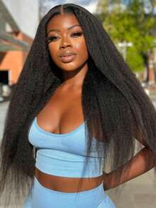 Kinky Straight Short Bob Human Hair Wig For Women 13x4 Front Transparent Lace Glueless Peruvain Remy Hair Soft Yaki Bob Wig - Natural Black - View 2