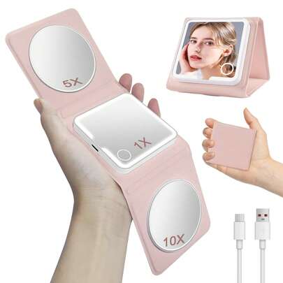Gương trang điểm gấp 3 lần có thể sạc lại với đèn LED, độ phóng đại 1X/5X/10X, gương trang điểm nhỏ gọn cầm tay có đèn LED và 3 thấu kính zoom từ tính, gương trang điểm bỏ túi tiện dụng.
