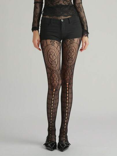 1pc Women's Sexy Skinny Pants, Vintage Floral Pattern Jacquard Hollow-Out Fishnet Stockings, Thin Gothic Punk Style Tights, Black Pantyhose, Versatile For Daily Wear, Halloween Costume, Suitable For Dresses And Skirts, Spring/Summer