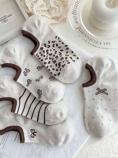 5 đôi tất nữ cổ thấp, họa tiết nơ hoạt hình, sọc, da báo, dễ thương, thời trang, thoải mái, thoáng khí, thích hợp cho mùa xuân, hè, thu, các kỳ nghỉ và mặc hàng ngày.