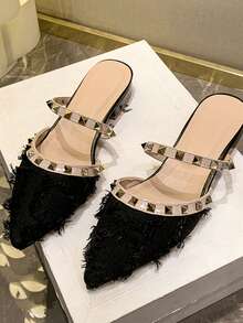 女士铆钉平底拖鞋，粗跟包头凉鞋，新款适合搭配连衣裙，尖头低跟水钻软皮拖鞋 - 黑色 - 查看 6