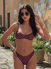 女士优雅度假波西米亚风棕蓝波点可调节肩带V领性感比基尼套装，适合春夏穿着，春季服装，度假装，时尚设计，独特个性，休闲风格，波西米亚风，旅行 - 彩色 - 查看 2