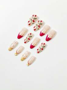 24pcs Almond-Shaped Nail Stickers, Retro Style Nail Stickers, Classic French Manicure Stickers, Strawberry & Cherry Patterns, Plaid & Asymmetrical Lines, White Star Design, Fresh & Beautiful Nail Sticker Set, Suitable For Girls, Office Ladies, Daily Wear, Dates, Holidays, Parties, Spring/Summer Adhesive Fake Nails - Multicolor - View 5