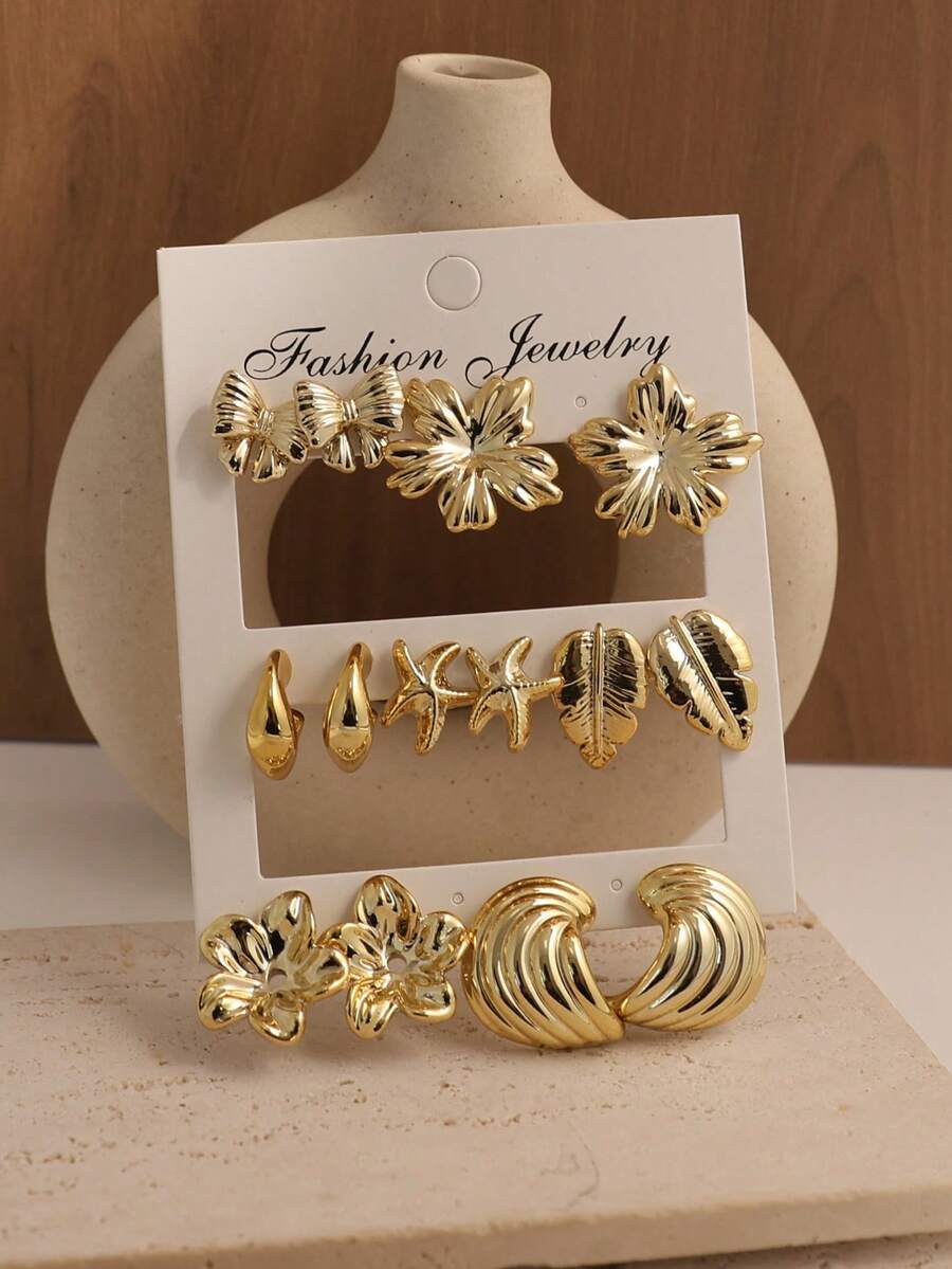 14件套个性化五叶花、蝴蝶结、海星、叶子纹理扁平C形耳环 - 金色 - 查看 1