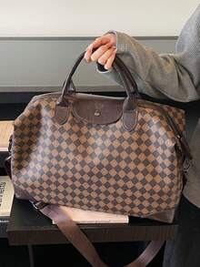 1pc PU Handbag Travel Bag, Student Organizer Bag, Large Capacity Short-Trip Luggage Bag, Waterproof Compartment, Fits Carry-On Suitcase, Lightweight, Unisex Gym Bag, Business Travel Tote - Coffee - View 5