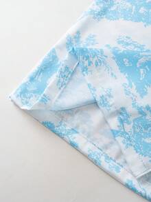2件套女士印花休闲翻领长袖睡衣套装，家居服 - 天藍色 - 查看 8