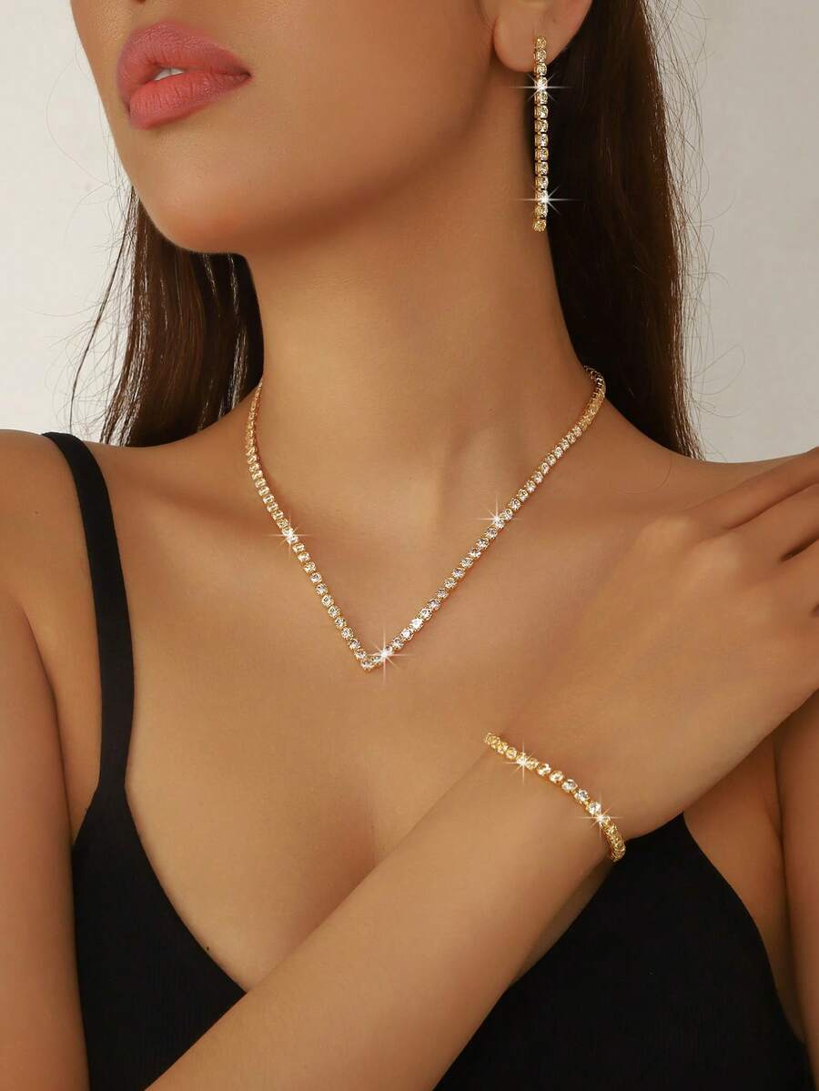 3pcs/Set Gold V-Shaped Elegant Crystal Necklace, Earrings, Bracelet Jewelry Set - Graceful And Versatile, Suitable For Women's Daily Wear, Weddings, Parties, Etc. - Yellow Gold - View 1