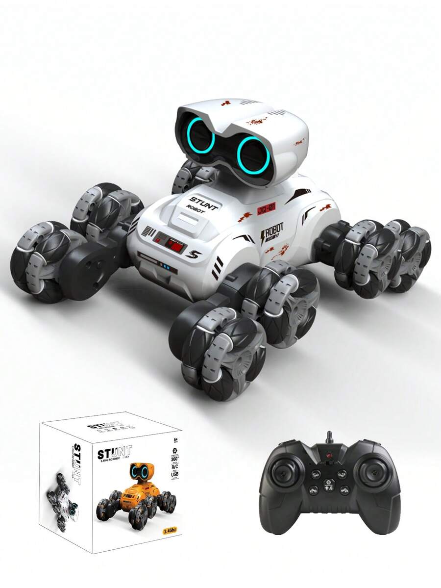 1个儿童遥控机器人玩具，沃利8轮机器人，带特技、灯光、音效、智能跳舞、侧向移动、旋转、摆臂等功能，遥控玩具