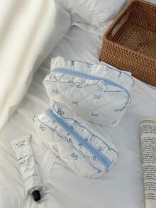 1个蝴蝶结荷叶边大号Lapacity女孩化妆包学生旅行化妆包，女士手拿包，唇彩收纳袋，化妆刷，护肤品，手机，零钱，小物件，化妆包，化妆袋，护肤品袋，洗漱包 - 彩色 - 查看 3