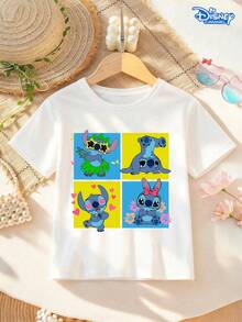 Disney Stitch 4-Panel Graphic Kids T-Shirt, Cute Cartoon Character Print, Casual Crew Neck Short Sleeve Tee, Unisex Boys Girls Fashion Top, Ideal For Lilo & Stitch Fans & Daily Wear - White - View 1