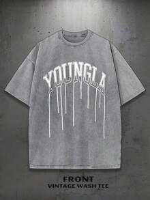 1PC Y2K Vintage Washed T-Shirt | Men's Graphic Tee | YLA Dripping Skull Design Pattern | Gifts For Men Or Boyfriend | 100% Cotton | 230Gsm Thickened Fabric | Unisex - 灰色 - 查看 2