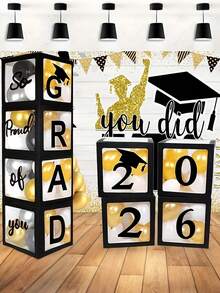 1 Set 2026 Graduation Party Decoration Box, Includes Building Blocks Box, Graduation Party Decor Set And 4 Black Boxes With "GRAD", "Class Of 2026" And "Proud Of You" Logos, Suitable For 2026 Graduation Celebration, 2026 Graduation Party Decor, Surprise Graduation Season Party Gift Box, Photo Background Decor - Black - View 7