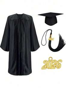 毕业帽和长袍带口袋 2025 流苏，适合高中和大学，100% 材质，哑光中性成人毕业帽、长袍和流苏 3 件套万圣节 - 黑色 - 查看 12