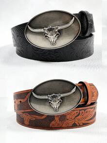 1pc Unisex Retro Bull Head Buckle Belt, Classic Engraved PU Leather Fashion Accessory, Western Style Casual Waist Belt - Multicolor - View 10