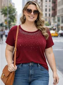 Plus Size Short Batwing Sleeve Blouse With Round Neck And Rhinestones - Casual Chic - Comfortable Knit Fabric - Urban Everyday Look - 酒紅色 - 查看 7