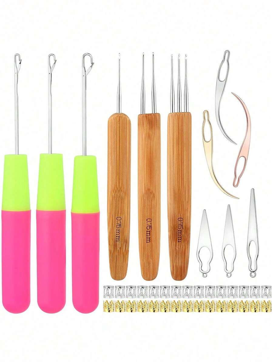 3pcs Crochet Hook Needles, 3pcs Dreadlock Hook Needles (0.75mm), Hair Extension Tools With Hair Ties And Dreadlock Locking Tools, Hair Styling Accessories - Multicolor - View 1