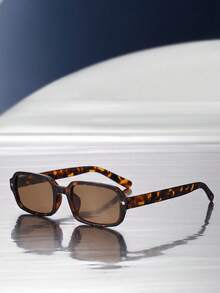 1 Pair Unisex Leopard Print Bohemian Style Rectangular Small Frame Fashion Glasses, Suitable For Daily Wear, Leopard Tortoiseshell Bohemian Style Rectangular Frame, Suitable For Vacation, Beach, Travel - Brown - View 2