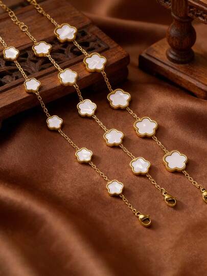 1件 时尚简约白色五叶草花手链，甜美设计，新款百搭配饰