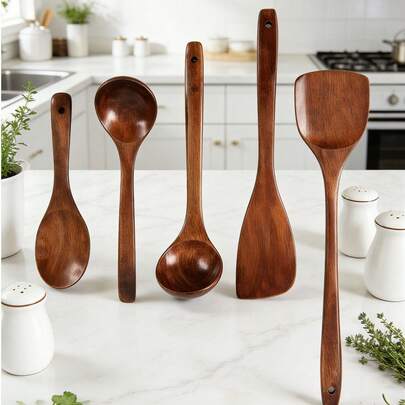 3 قطع/مجموعة أدوات طهي خشبية، ملعقة مقلاة غير لاصقة، مجموعة أدوات مطبخ، تشمل ملعقة، مغرفة، وملعقة خشبية