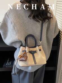 1pc Unique Design Handbag With Pendant, Contrast Color Flap Shoulder Bag, Fabric And PU Material, Suitable For Work, Shopping, Dating And Outings - Blue - View 4