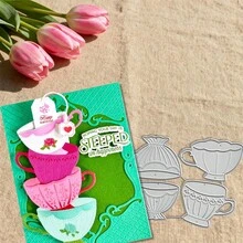 创意茶杯模具，DIY剪贴簿相册和压花模板，贺卡制作工具，卡片纸切割工艺品，礼品卡制作模板模切。 - 銀色 - 查看 6