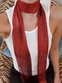 1pc Vintage Unique Multi-Season Versatile Ribbon Tassel Scarf, Minimalist Easy To Match, Suitable For Party Outfits - Red - View 4