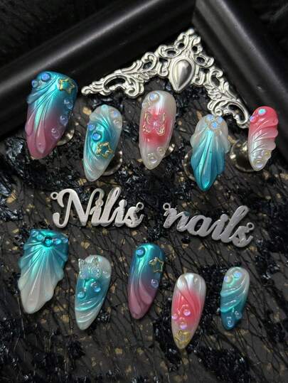 10pcs Handmade Fully Covered Almond Nails Acrylic Kit, Blue Nails, Gradient Shades Of Blue And Pink, In Blue And Pink Colors, Hand Drawn 3D Water Ripples&Crow's Feet, 3D Transparent Butterflies&Iridescent Beads And Other Nail Accessories, Paired With Gold Hollow Star Stickers, Dreamy Mermaid Ocean Style